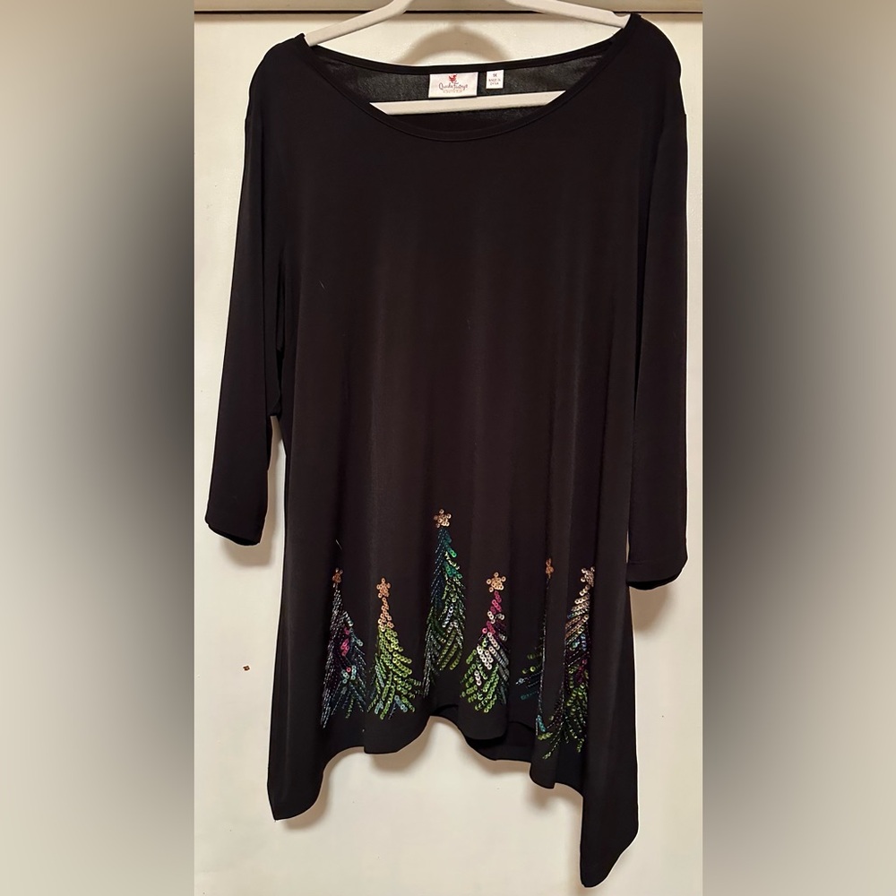 Quacker Factory Black Christmas Tunic with Sequin Tree Design
